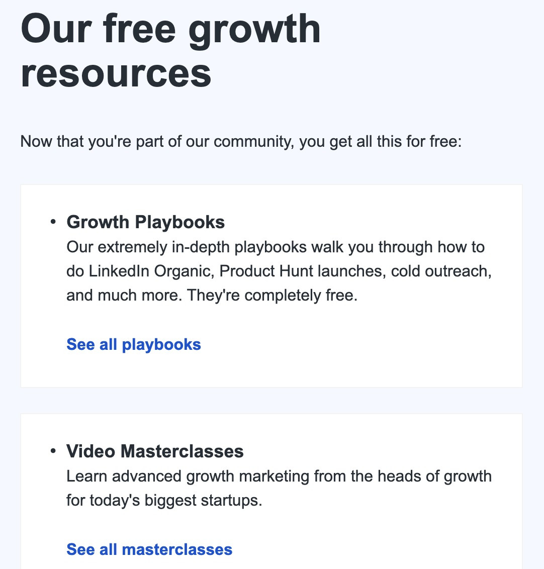 Short write-ups, each with a link leading to various resources