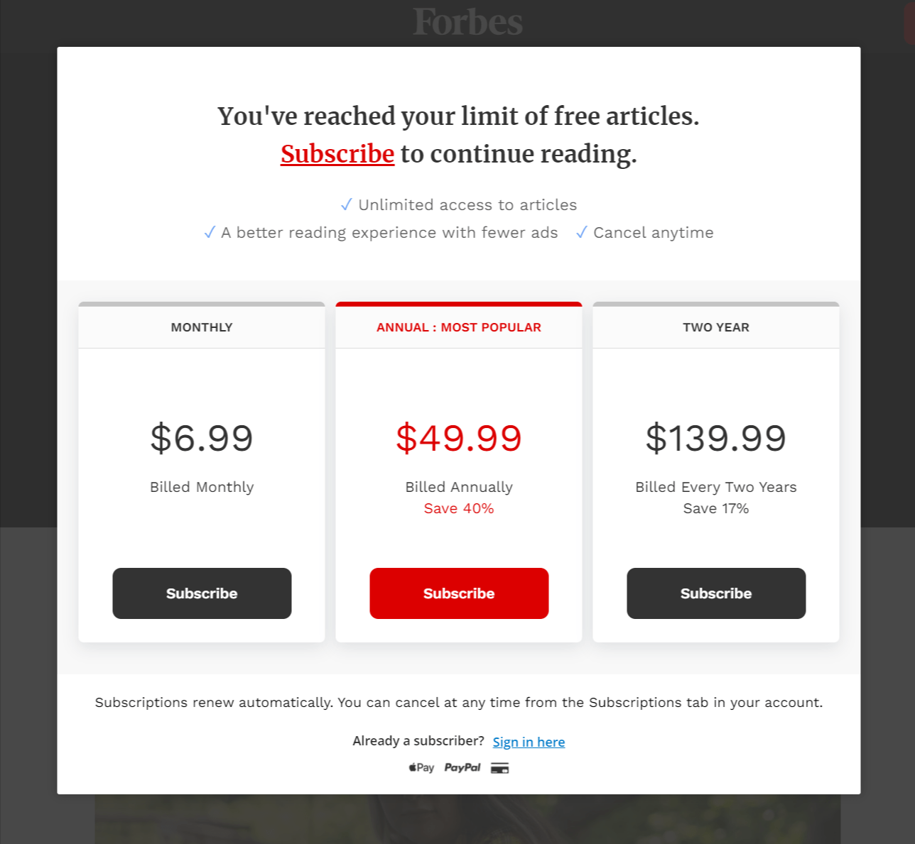 Paywall asking user to subscribe for a fee