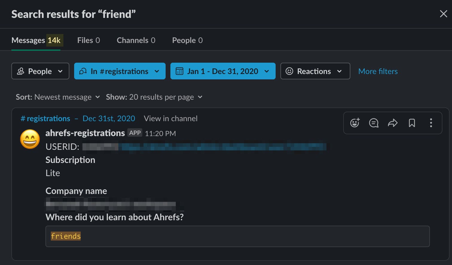 Person said in registration form they learned about Ahrefs through friends