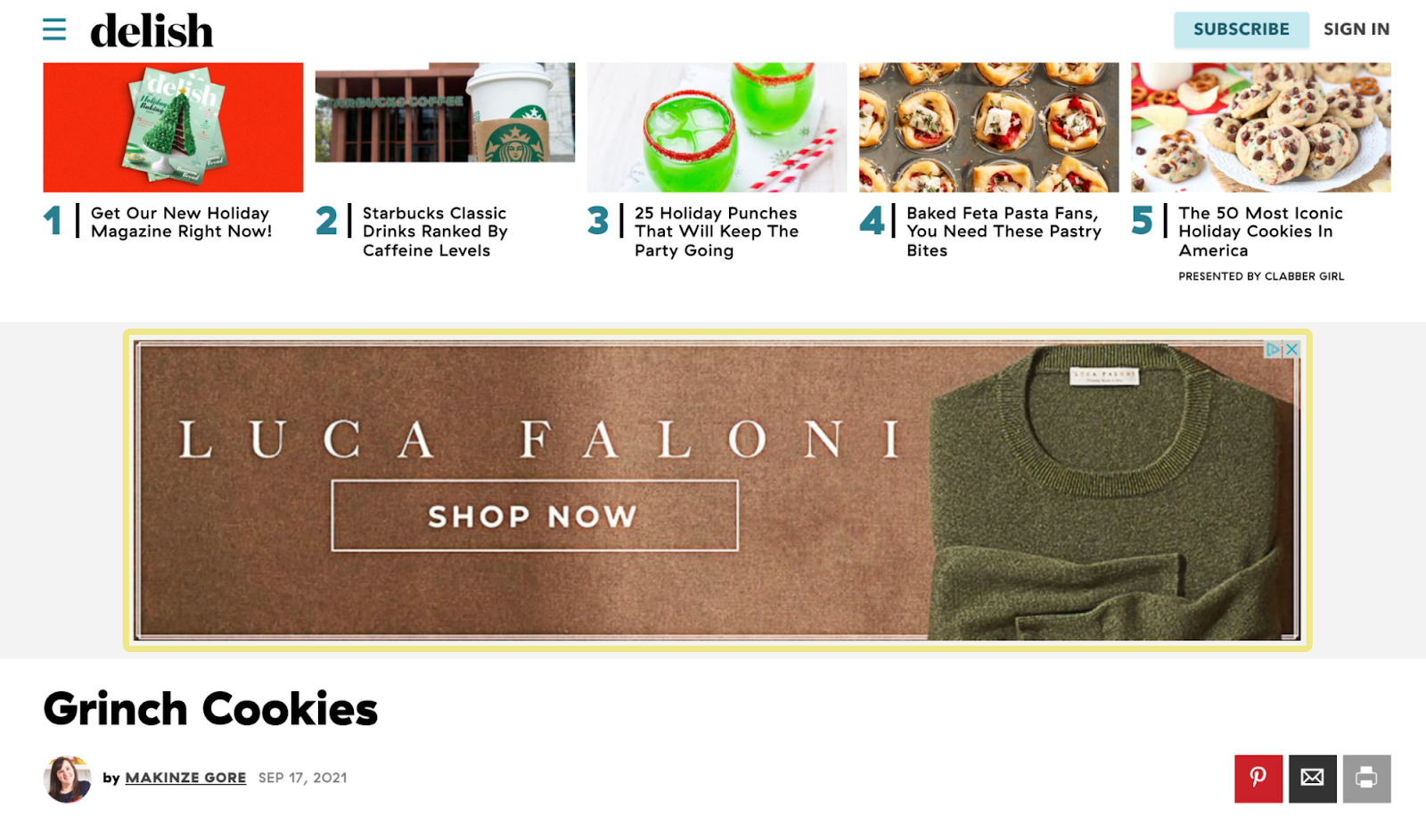 Display ad of menswear on delish's webpage