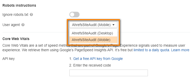 ahrefs site audit mobile and desktop crawlers
