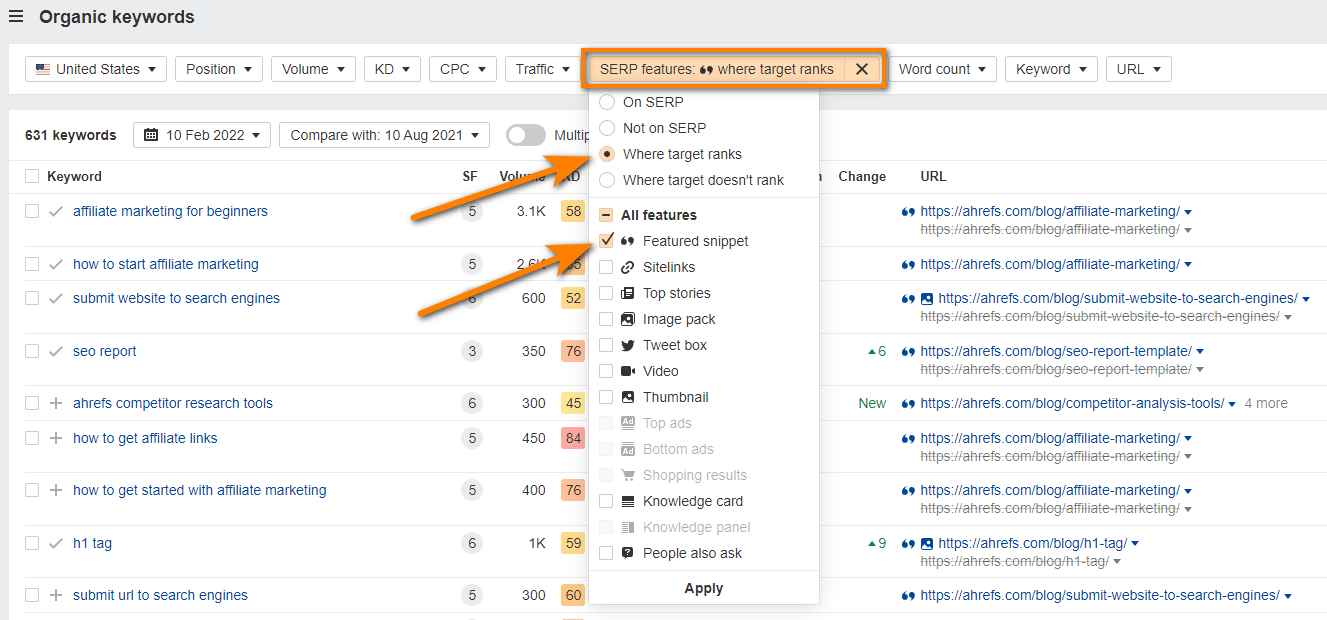 featured snippets opportunities in site explorer 1