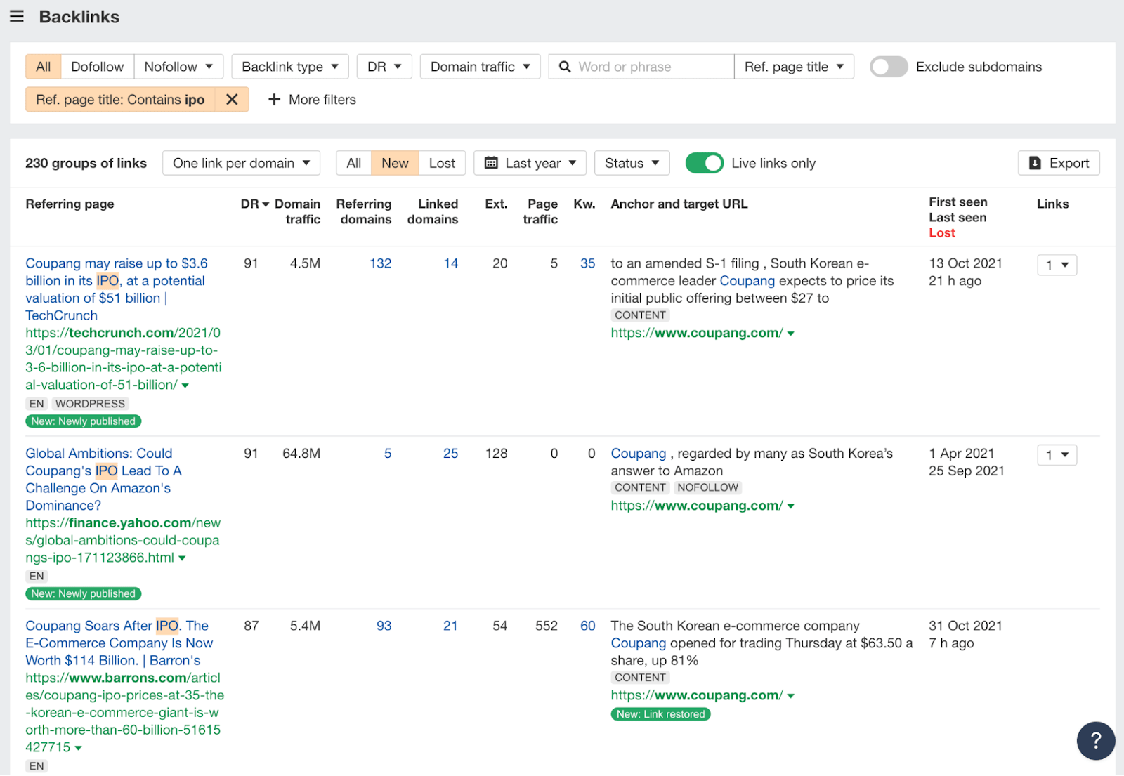 Backlinks report results 