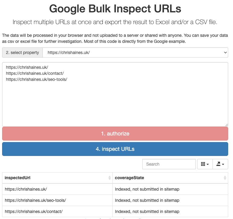 In table form, API showing Chris' URLs are indexed but not submitted in sitemap 