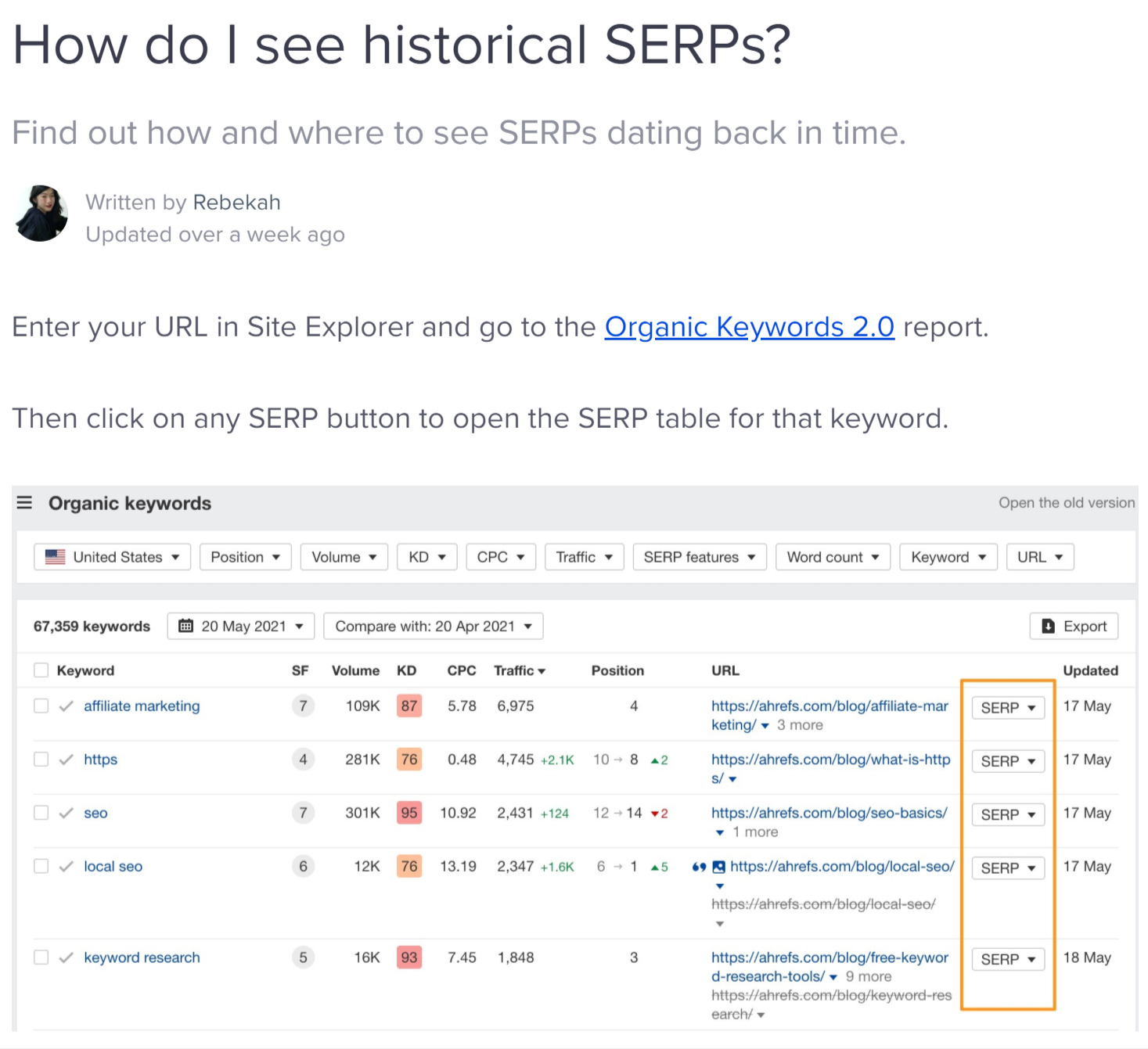 Knowledge base post on historical SERPs