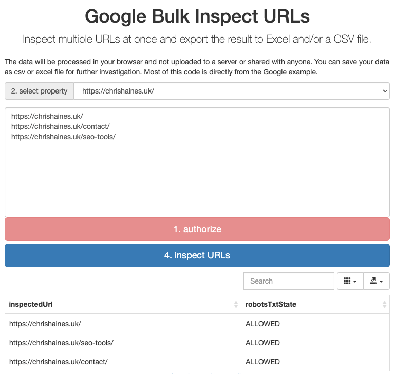In table form, API showing status of Chris' URLs as "allowed" 
