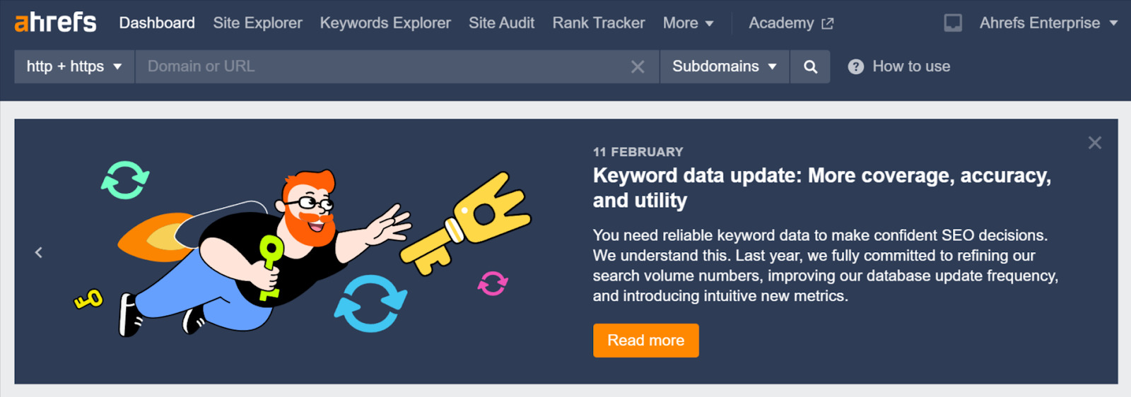 Banner about keyword data update; on left, bearded man holding key while flying 