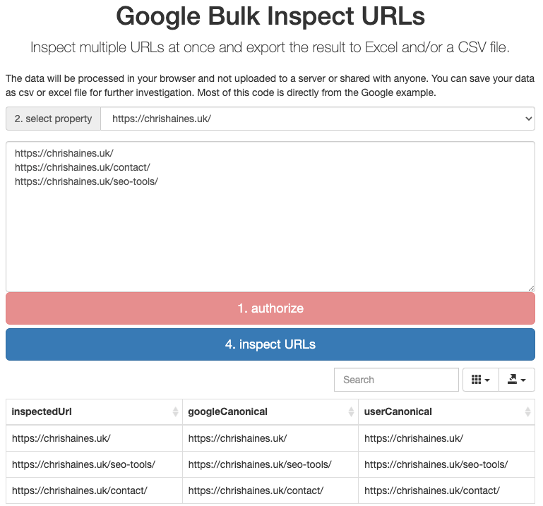 In table form, API showing Google respects Chris' canonicals  
