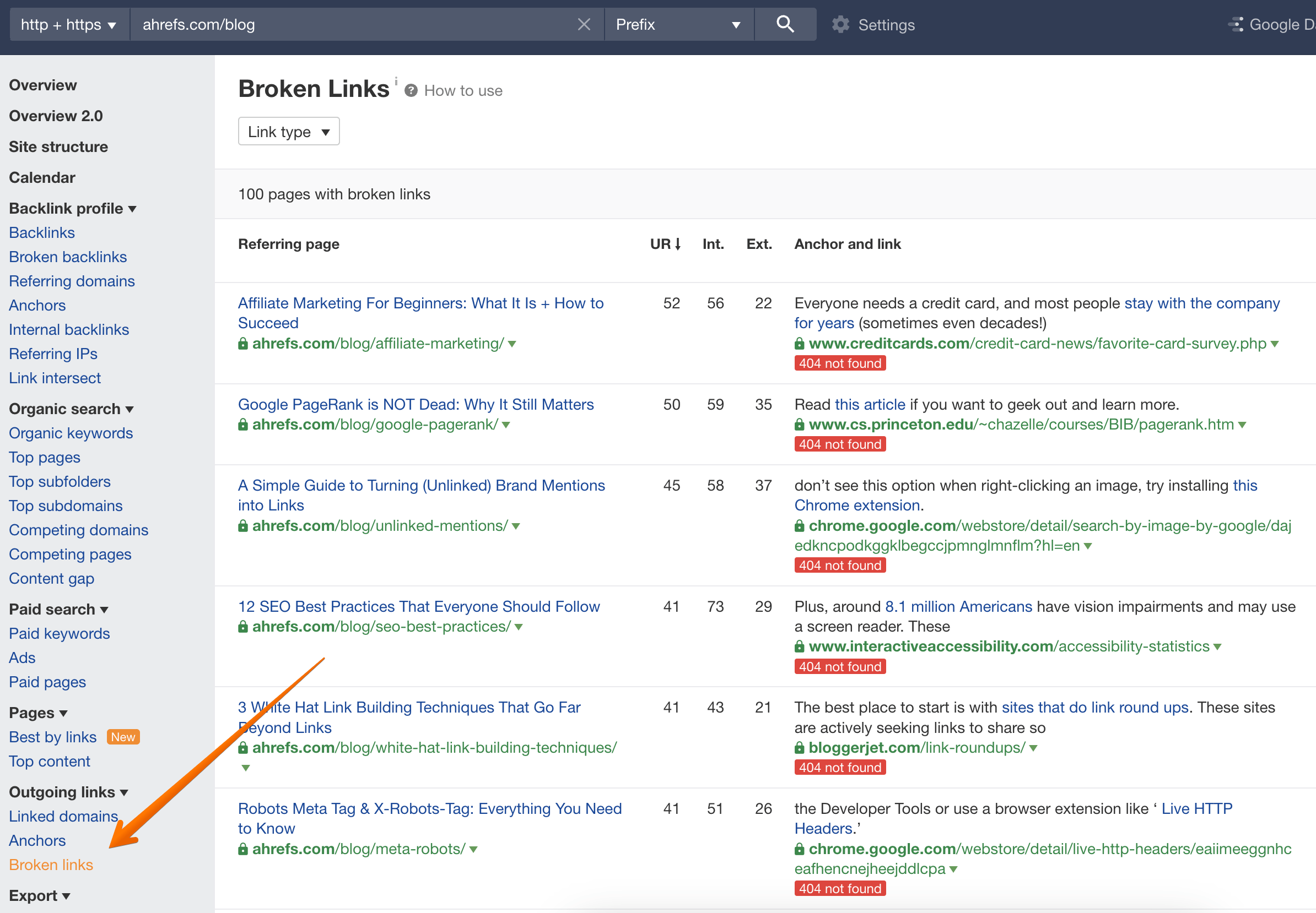 Broken outgoing links in Ahrefs Site Explorer
