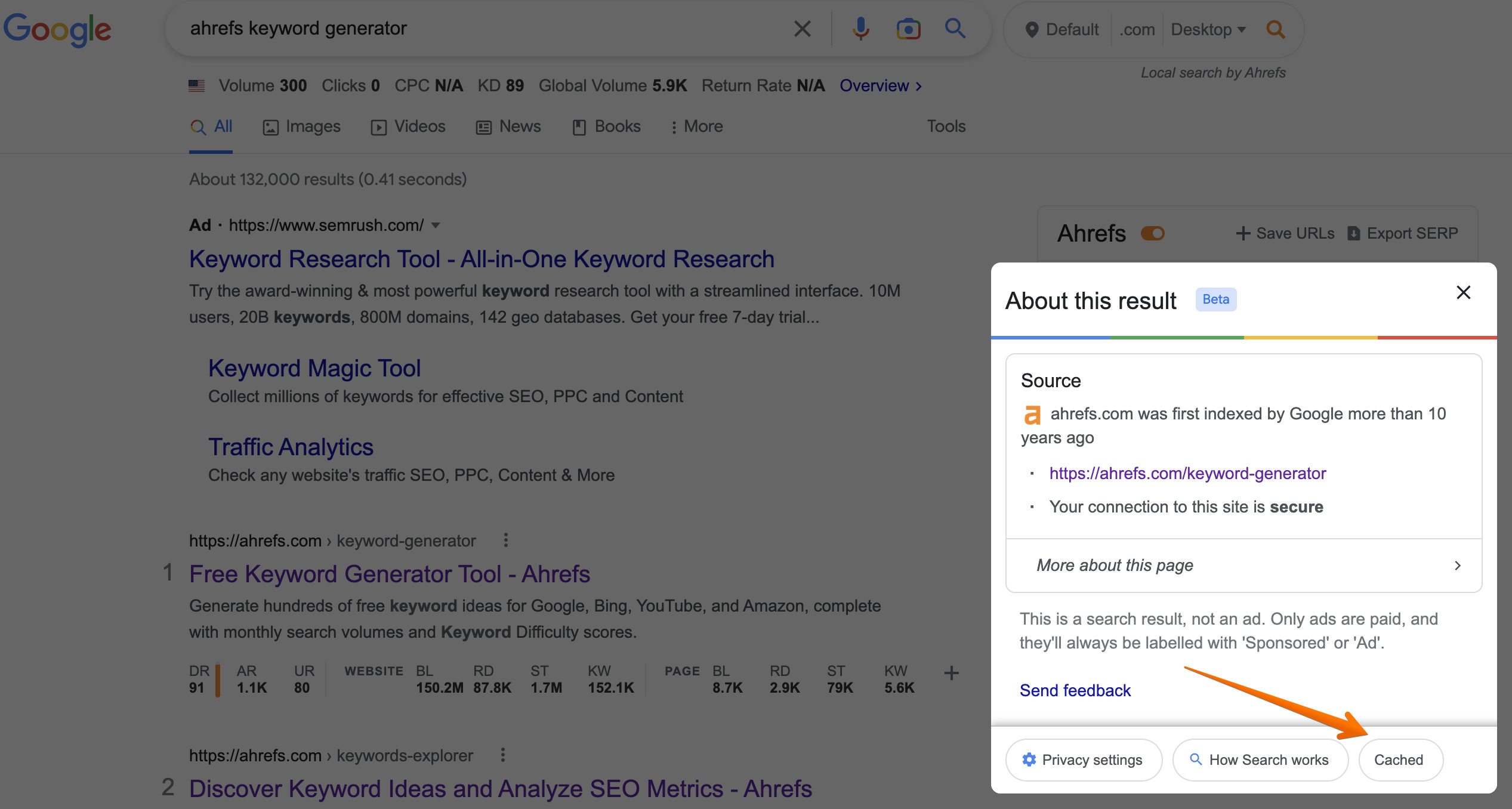 Cached search results on Google