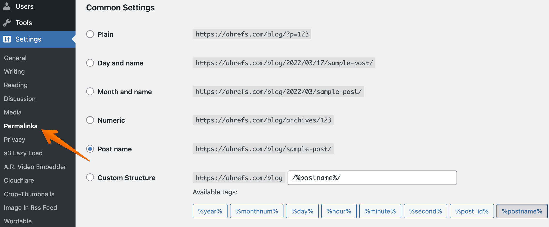 wordpress permalinks settings