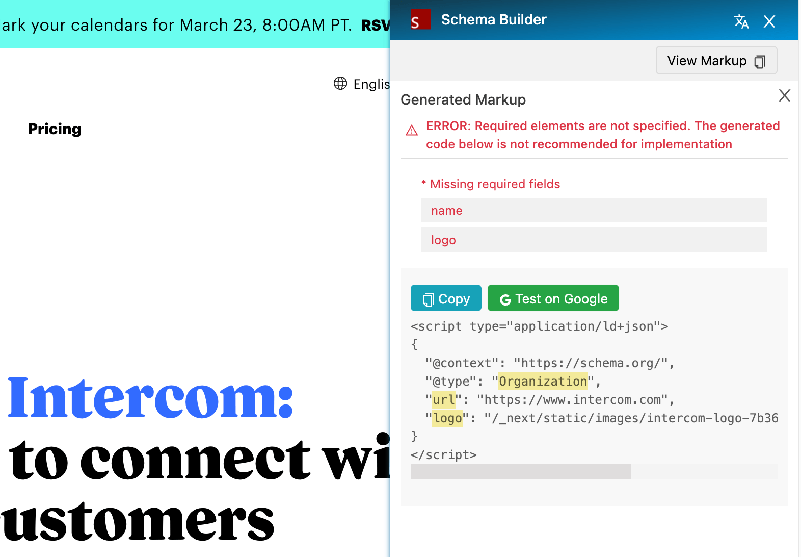 Example schema markup on Intercom's page