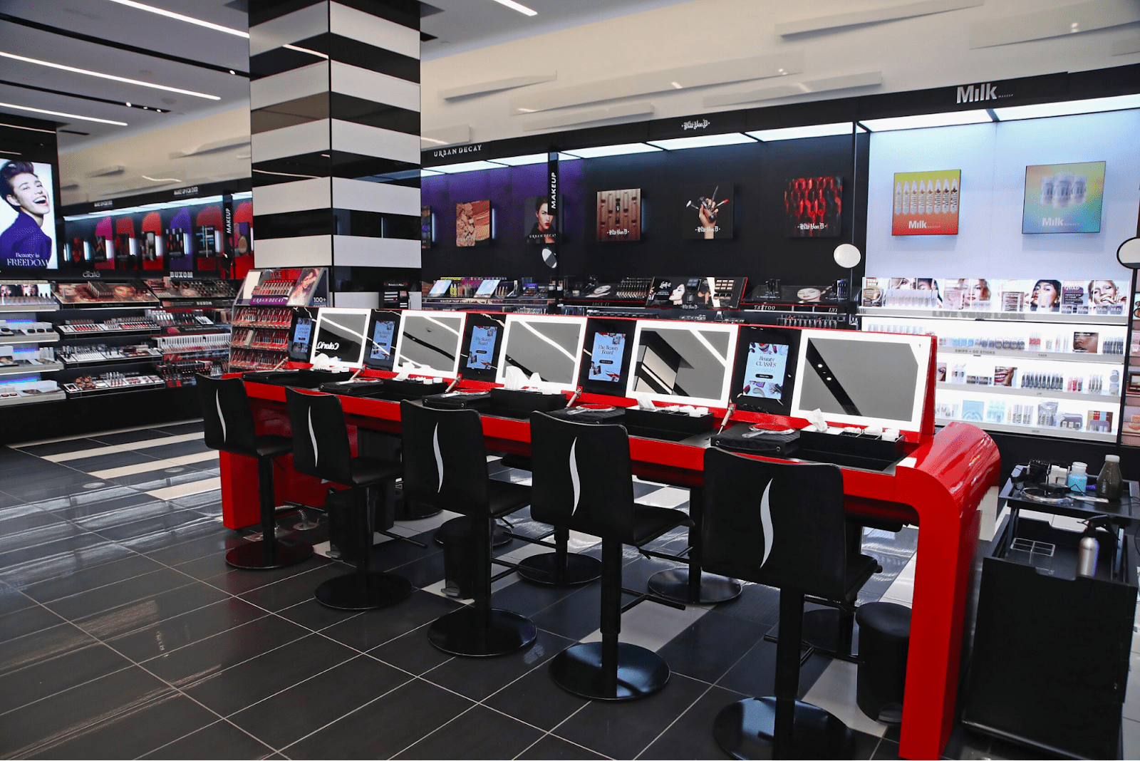 Sephora's store; notably, the colors of black, white, and red can be seen across the store
