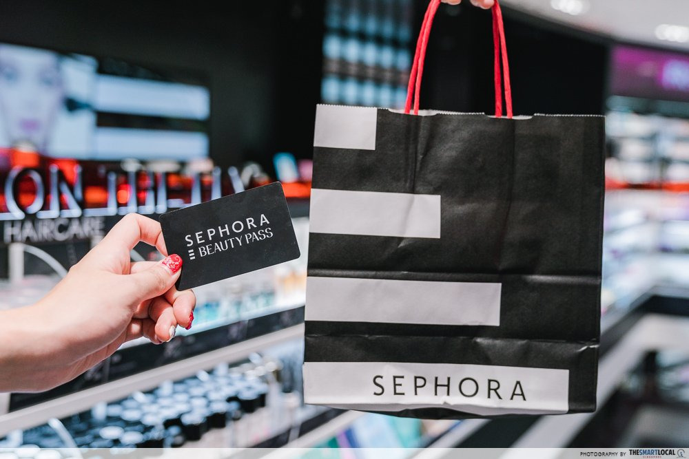 Sephora's paper bag; notably, the colors of black, white, and red can be seen on it