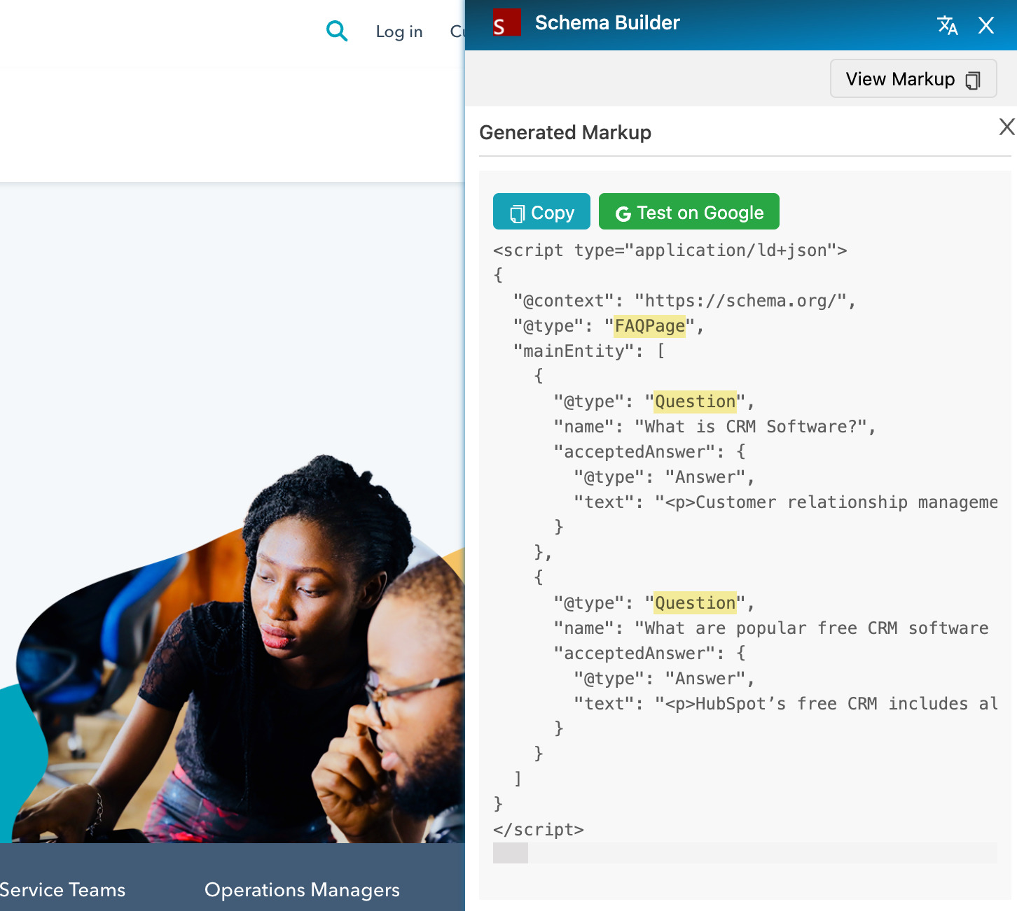 Schema markup on Hubspot's page