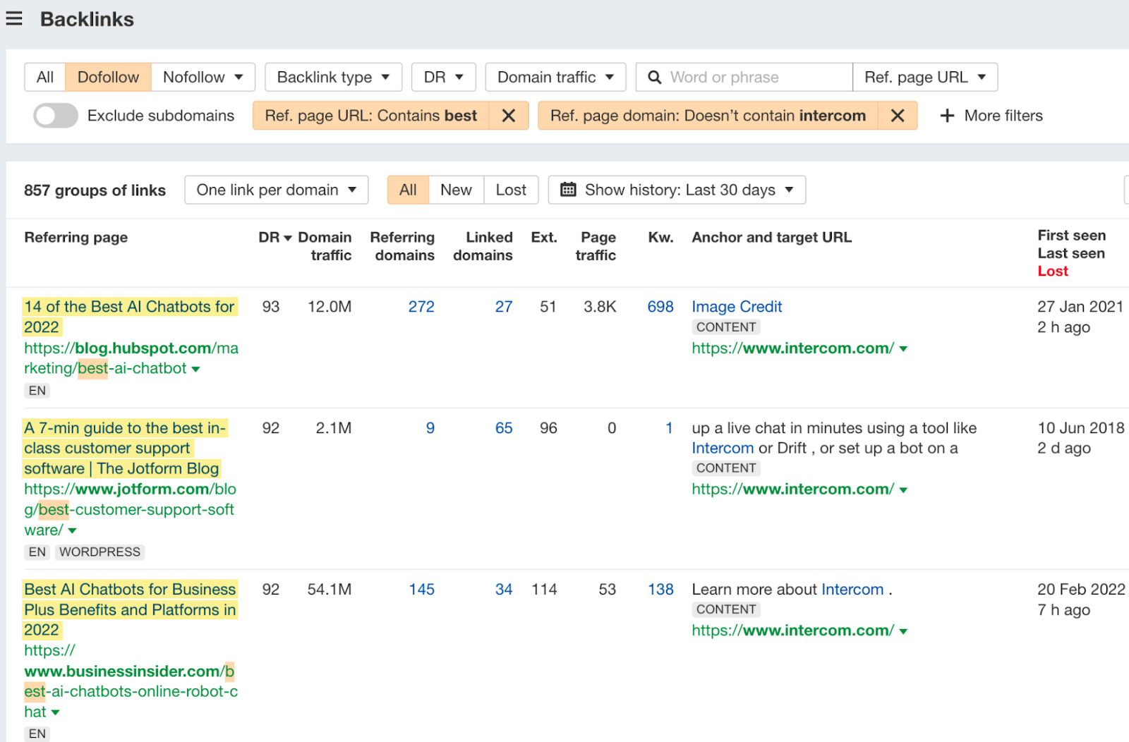 Backlinks report results