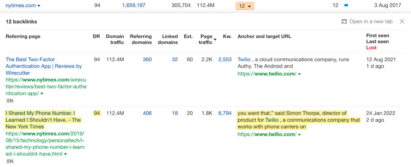 List of referring pages with corresponding data like DR, Domain Traffic, etc