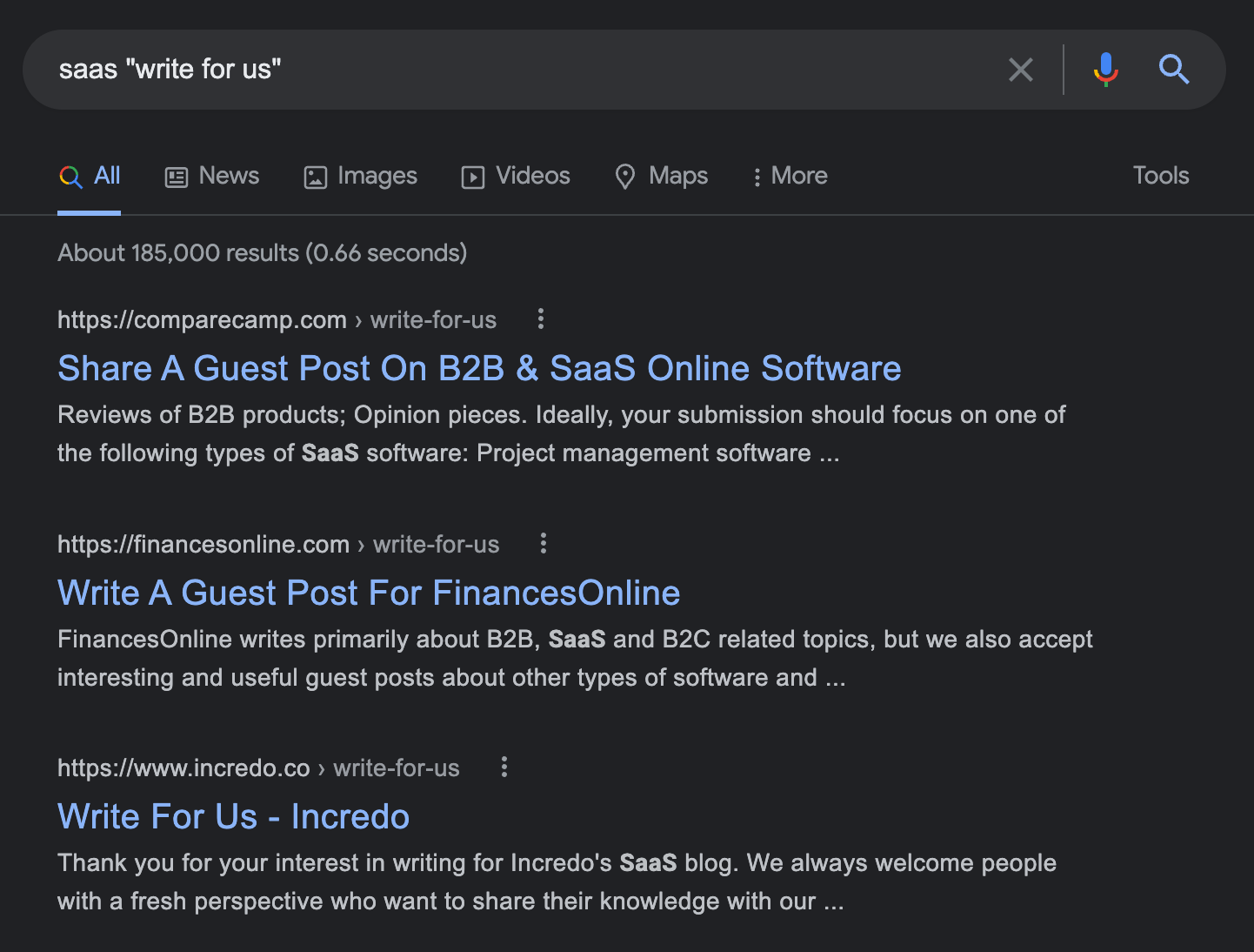 Google SERP for this search: saas "write for us"