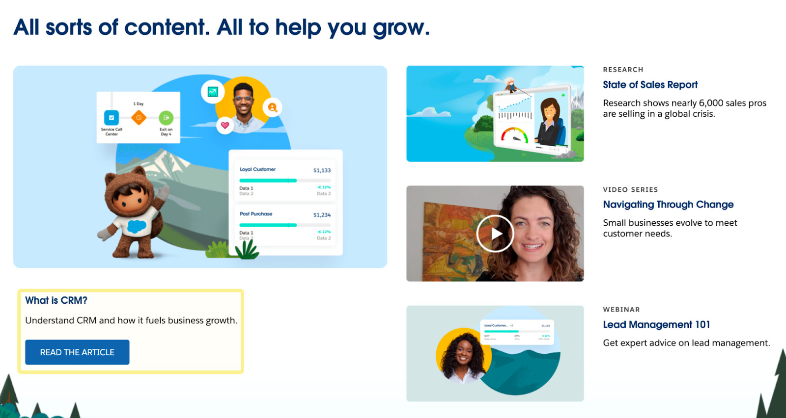 Salesforce's homepage showing link to article on "What is CRM"; on right, list of other resources (video, webinar, etc)