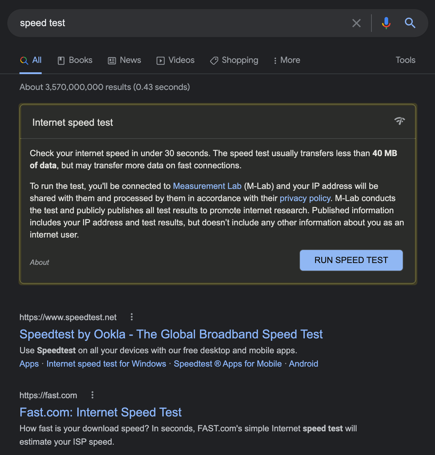 Google SERP for "speed test"