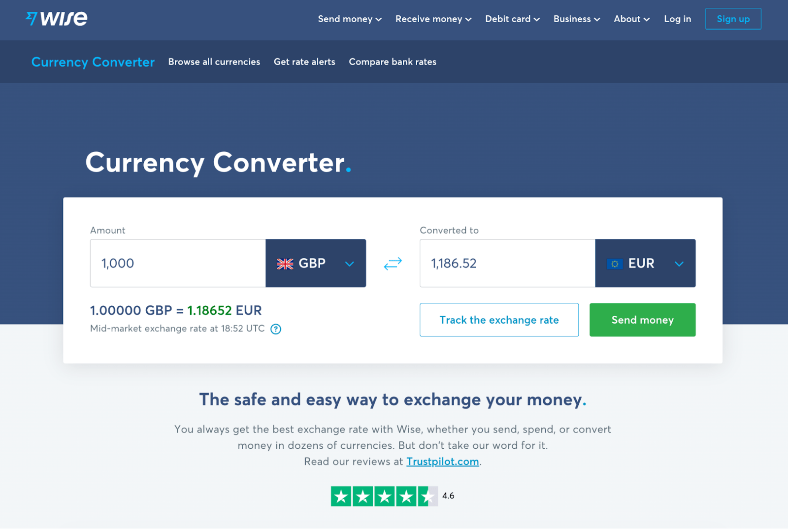 One of Wise's search landing pages showing a currency converter