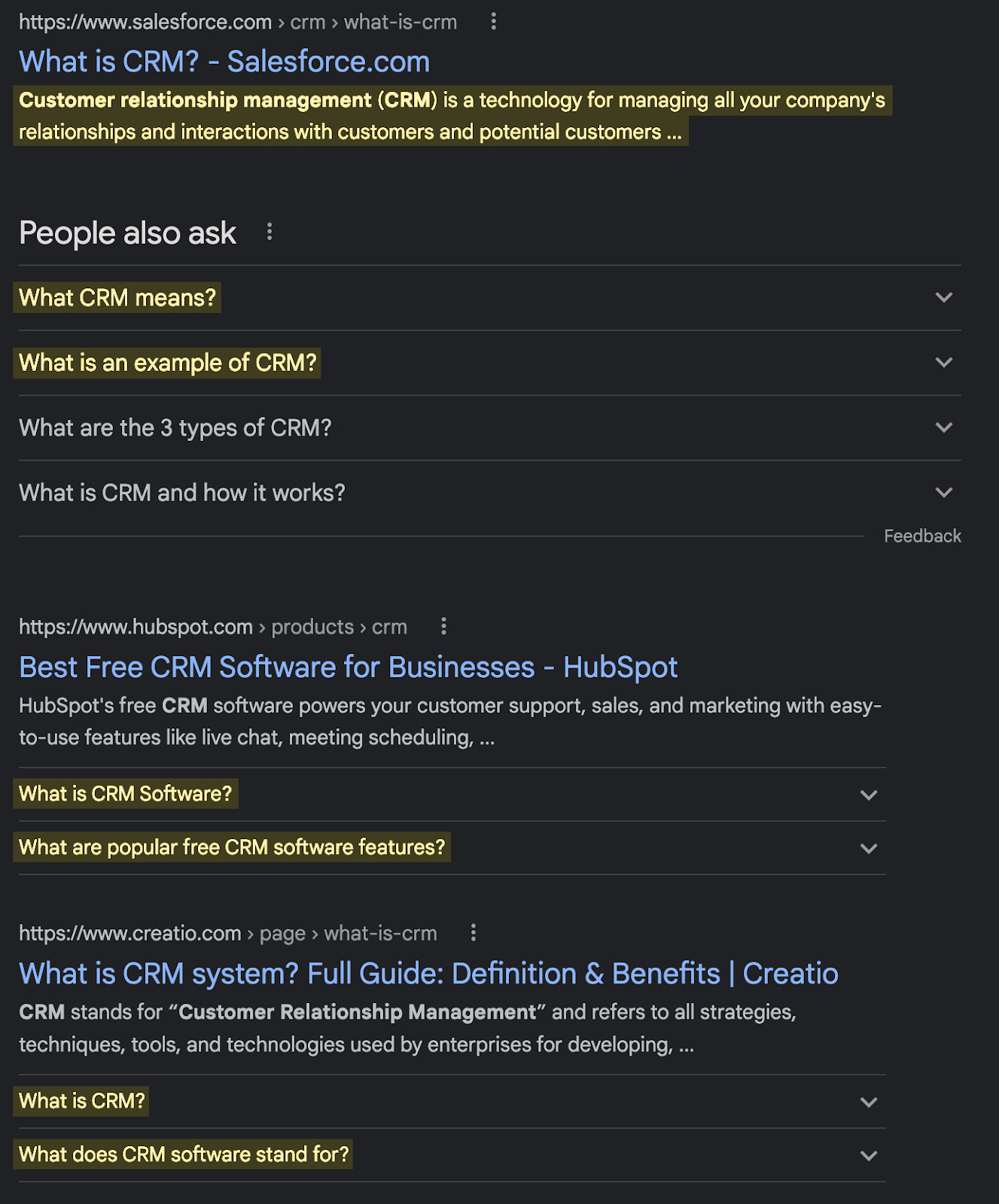 Google SERP for "crm"