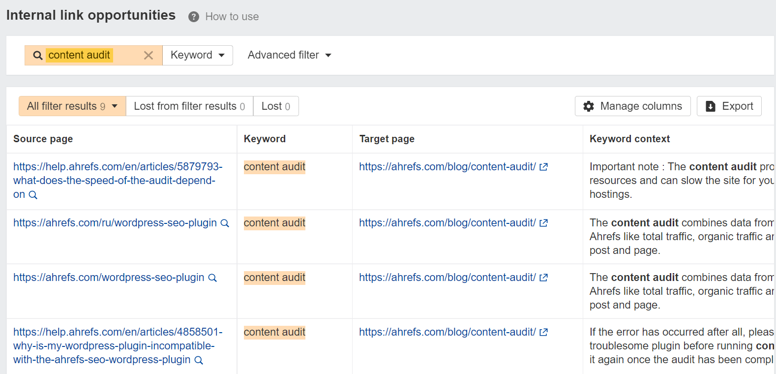 Screenshot of the Internal link opportunities report