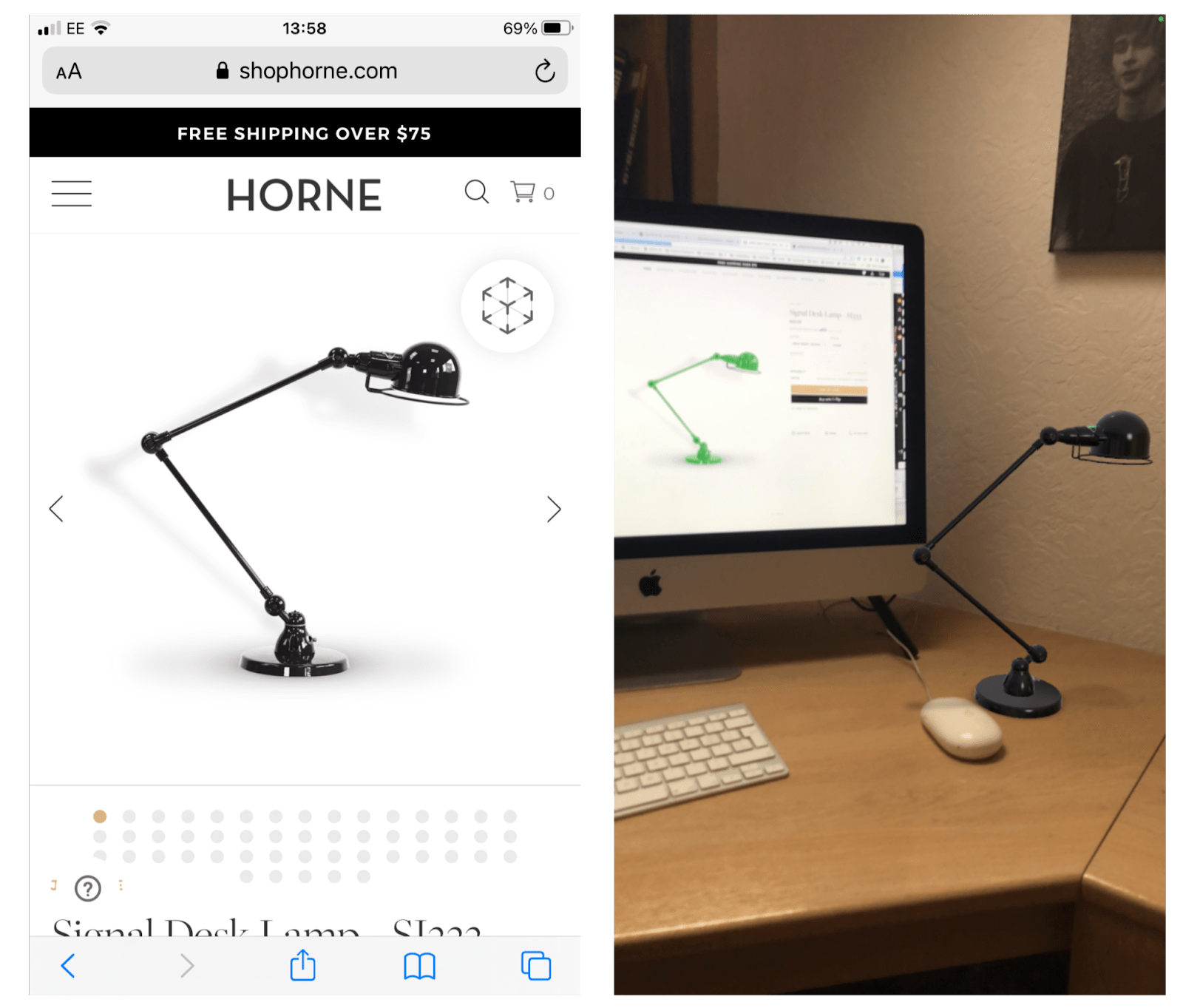 Picture split into two sections. On left, a desk lamp; on right, the same desk lamp appearing on a table with help of AR