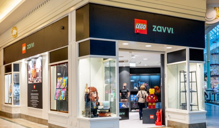 External facade of the Zavvi and Lego store; Lego figurines can be seen in the glass built-ins