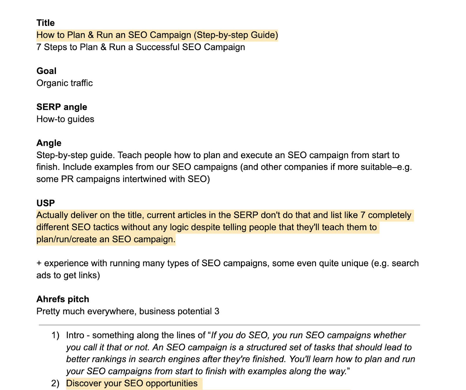 Ahrefs article outline covering key aspects such as title, article goal, article angle, etc
