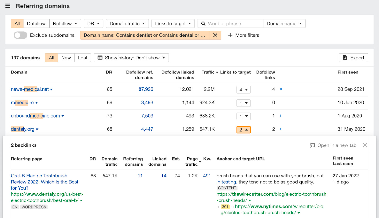 Referring domains report results 