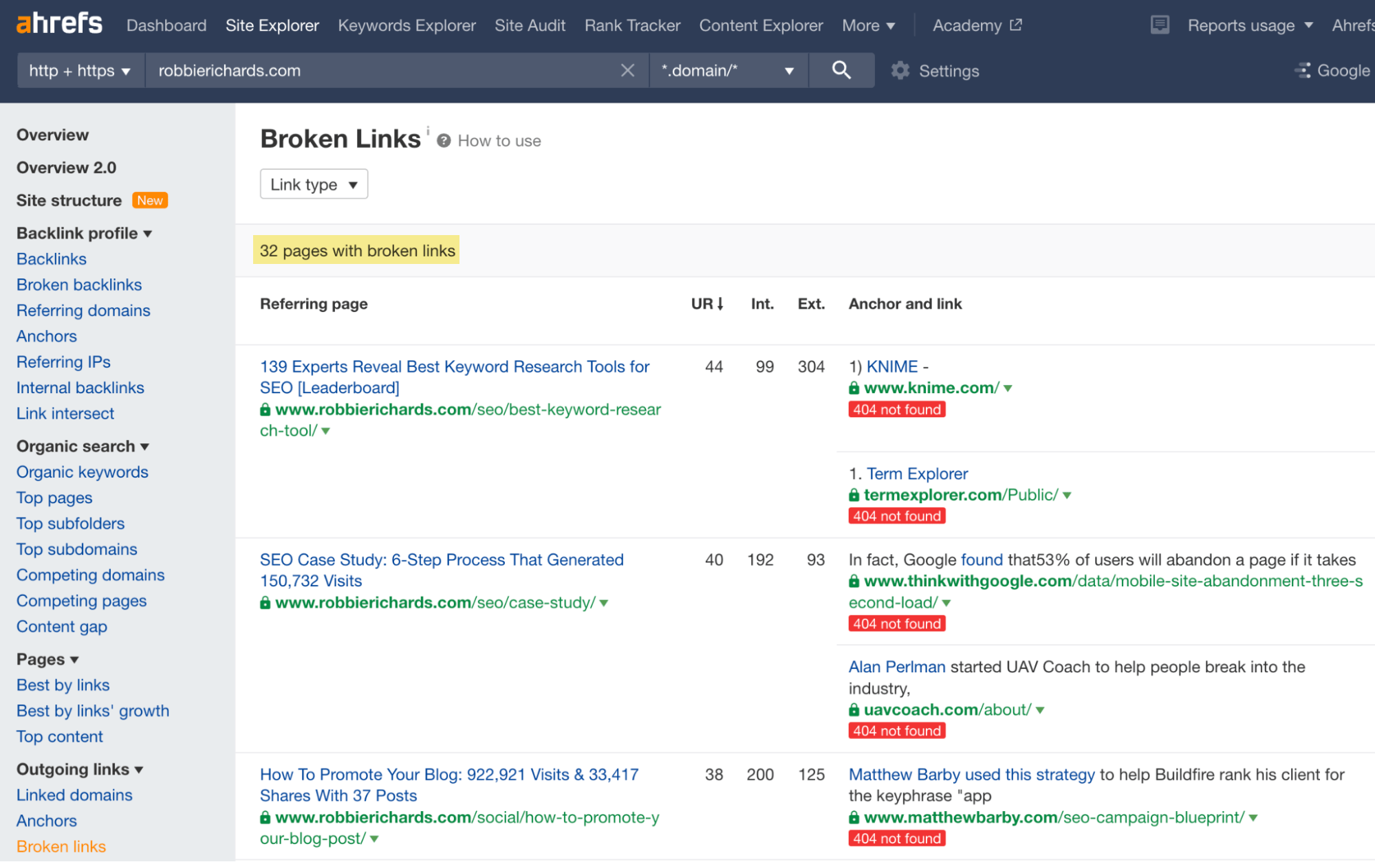 Broken outgoing links in Ahrefs' Site Explorer