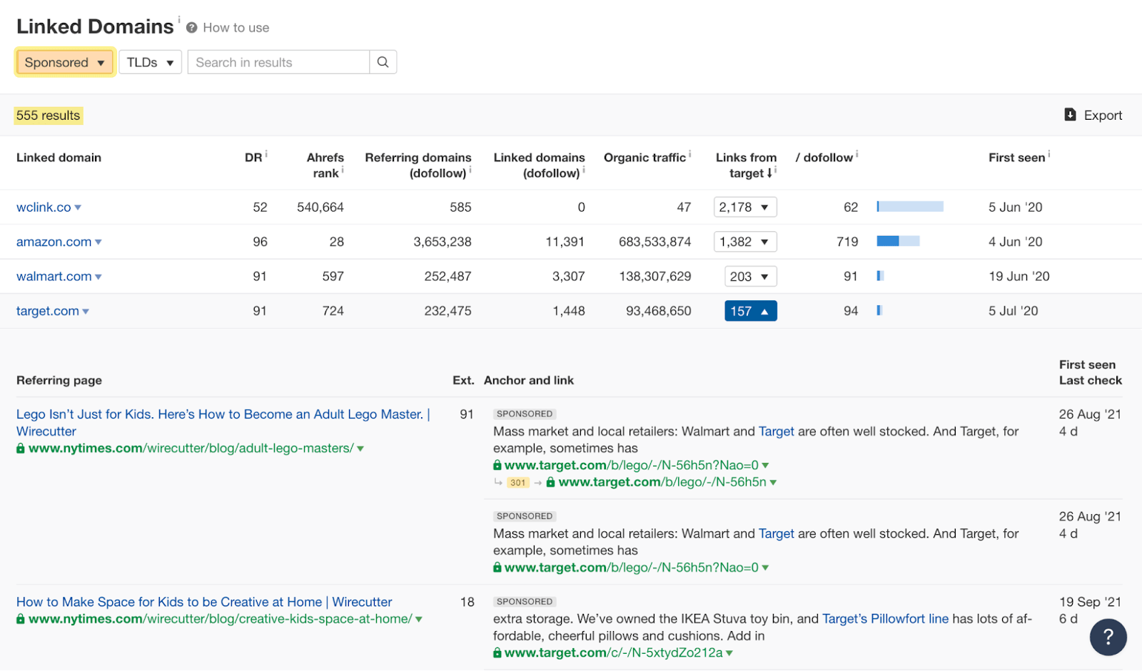 Linked Domains report results 