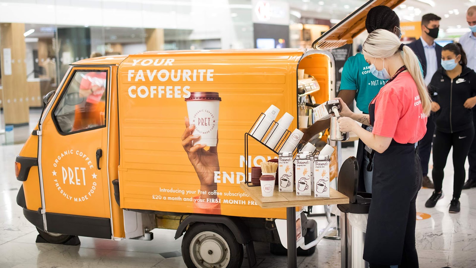 Pret's branded Piaggio van dispensing coffee for patrons