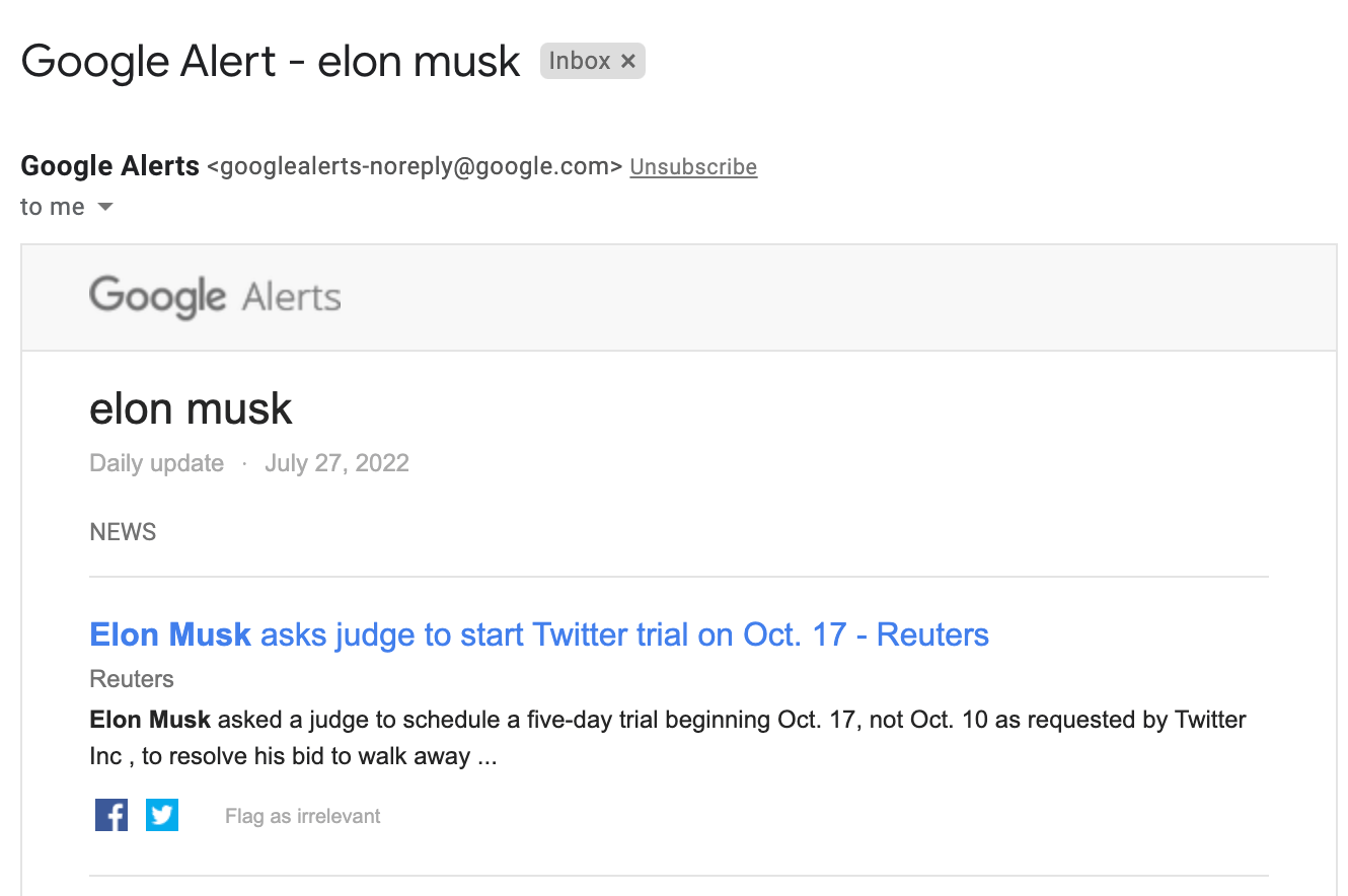 Example of Google Alerts email notification