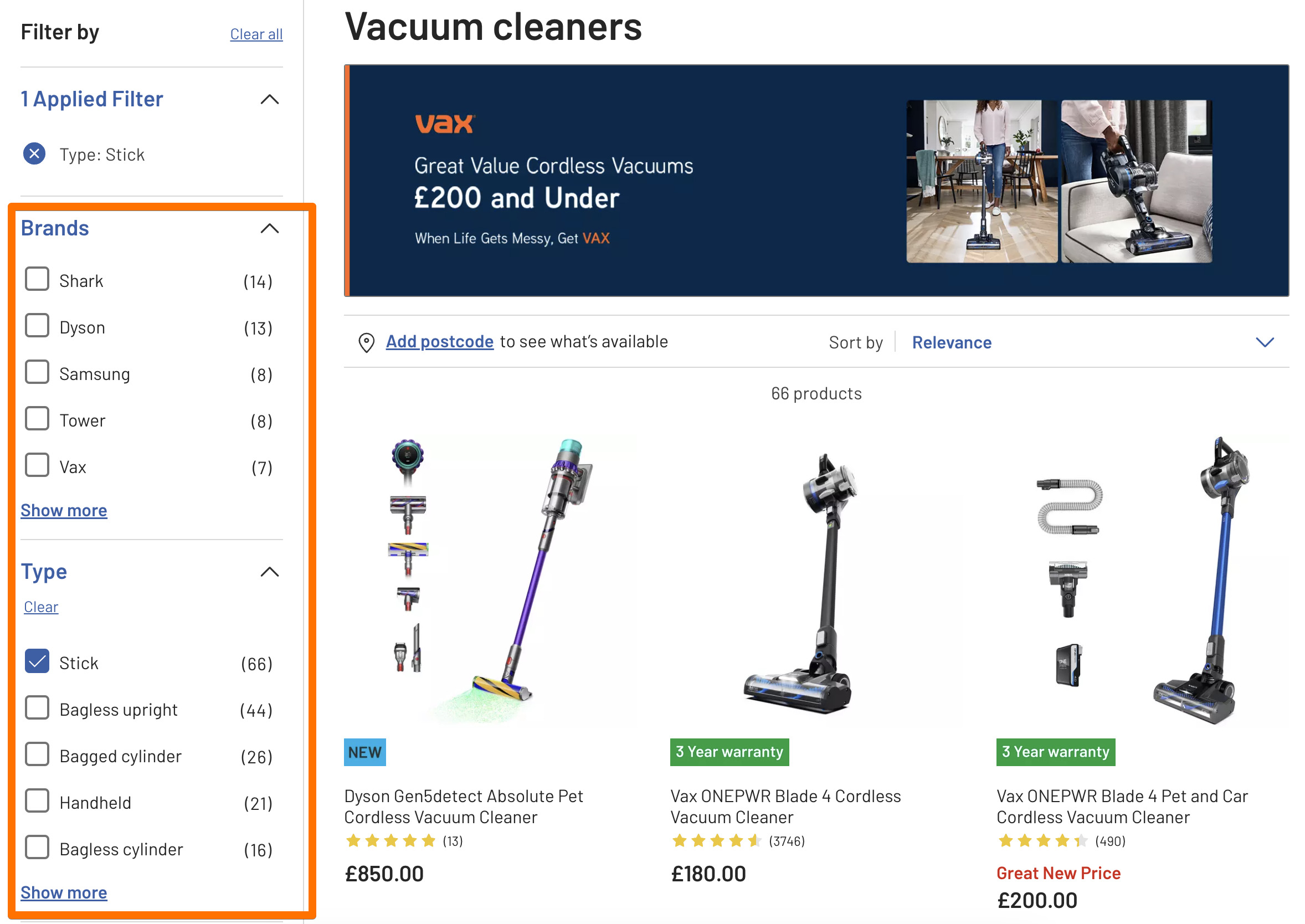 Example of faceted navigation on an e-commerce site