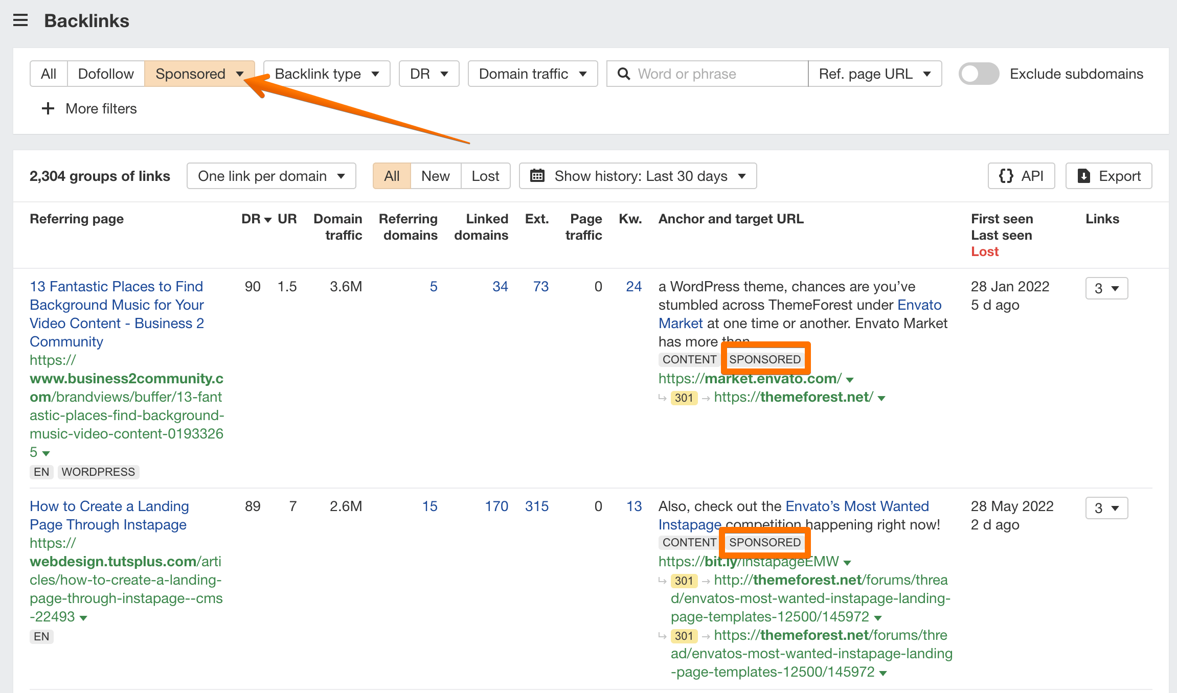 Finding sponsored backlinks in Site Explorer - Ahrefs