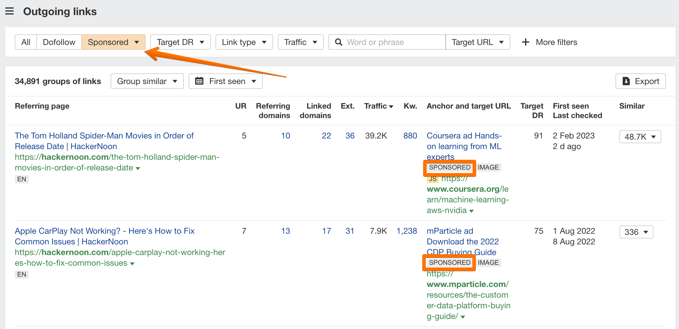 Finding sponsored outgoing links in Ahrefs Site Explorer
