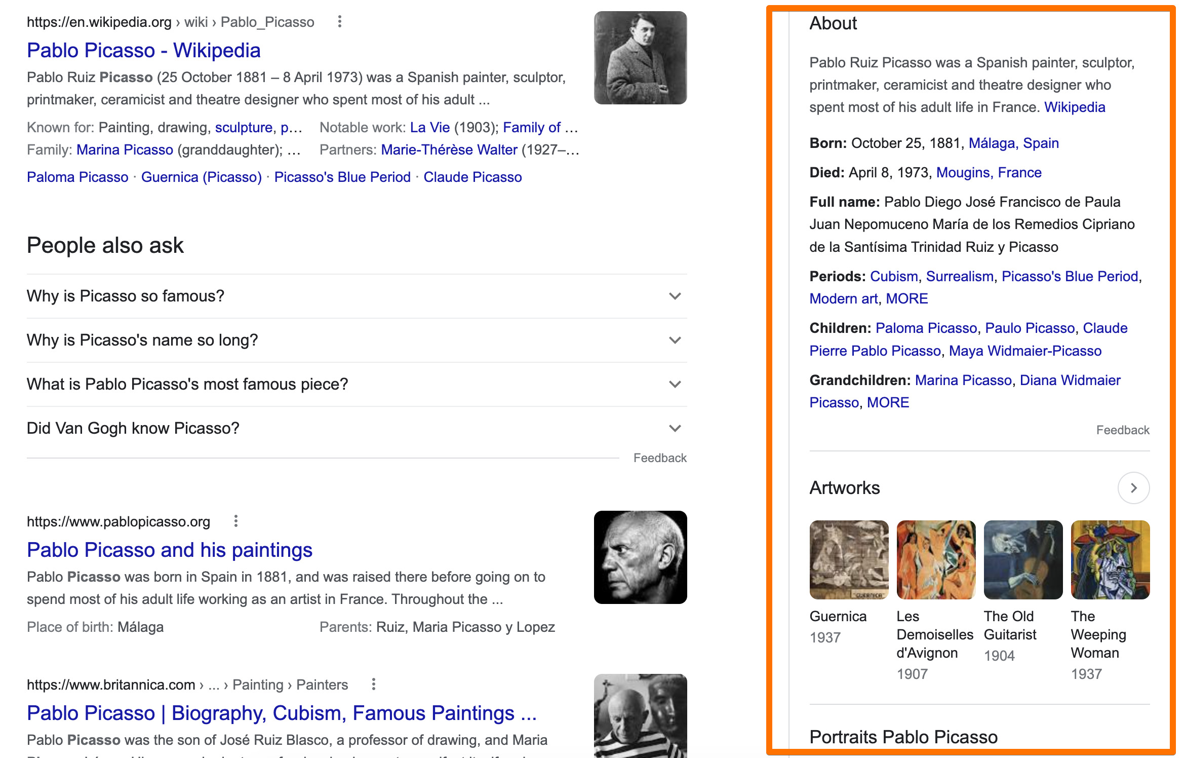 Pablo Picasso knowledge panel