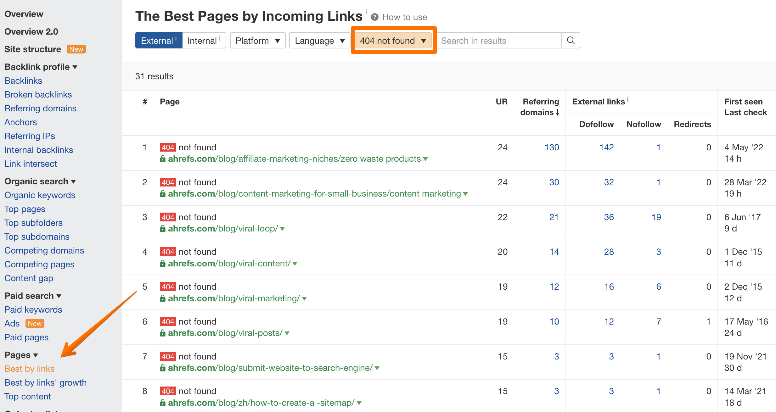 broken pages in ahrefs site explorer
