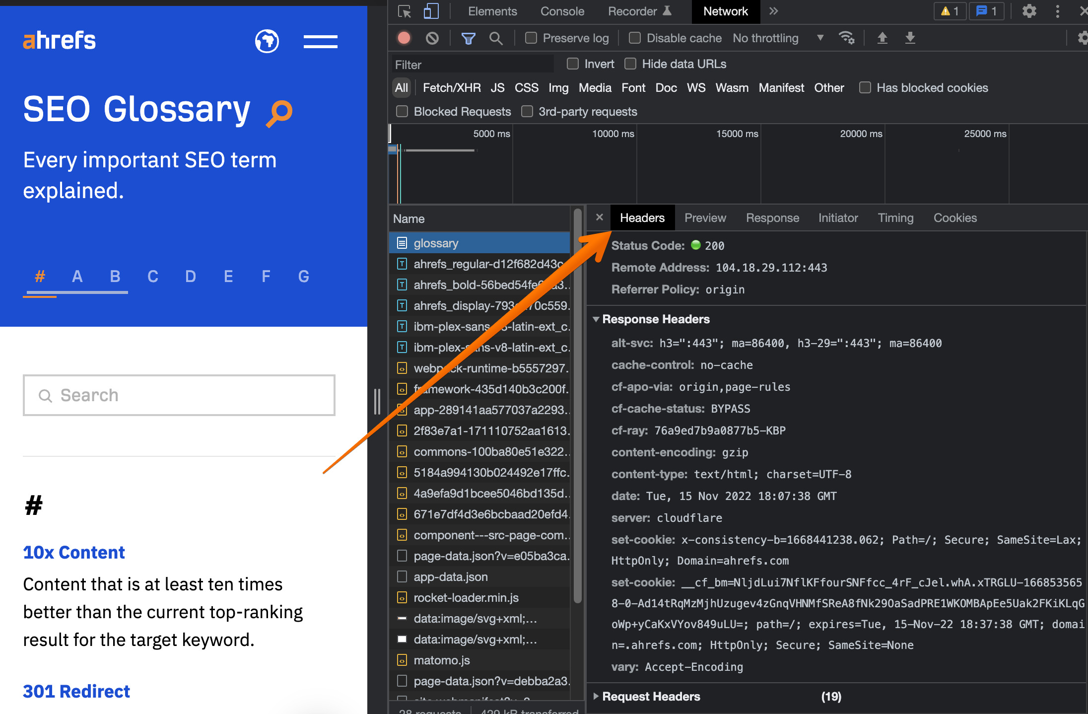 checking the x-robots-tag in Chrome
