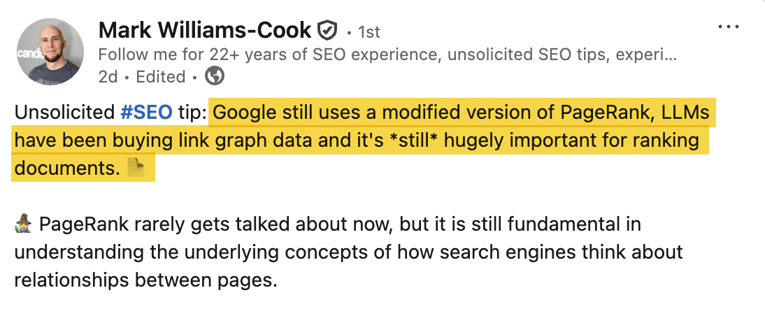 LinkedIn post by Mark Williams-Cook stating that Google still uses a modified version of PageRank, LLMs have been buying link graph data, and it's still hugely important for ranking documents