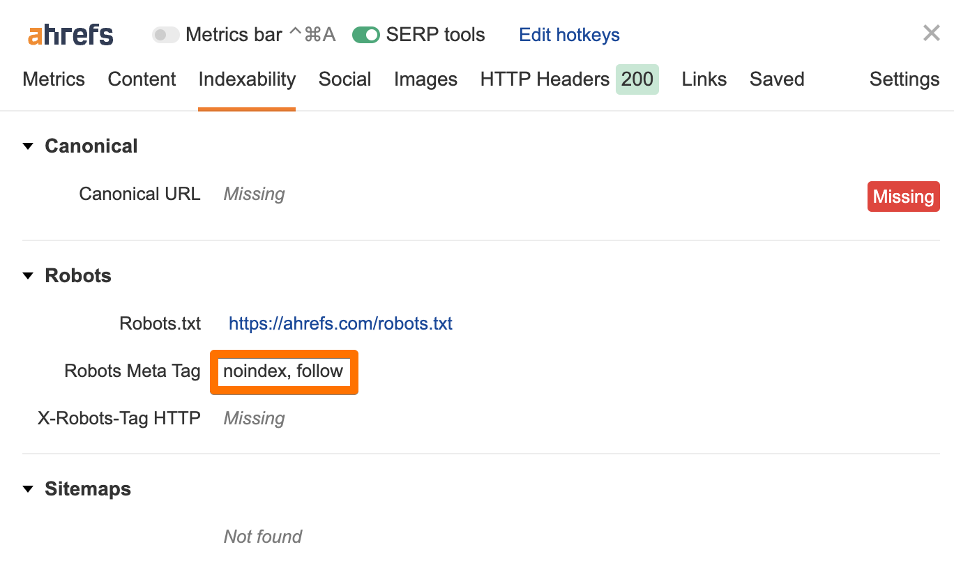 Noindex in SEO Toolbar