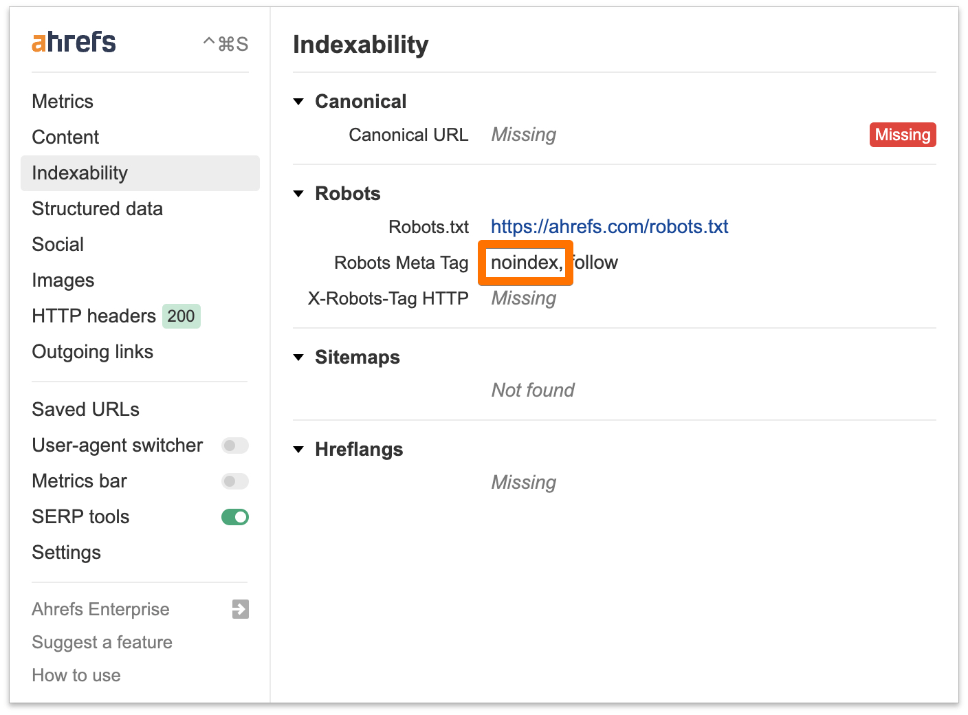 noindex in Ahrefs SEO Toolbar
