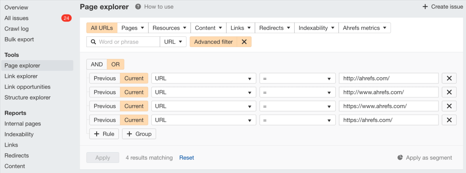 Advanced filters in Page explorer report