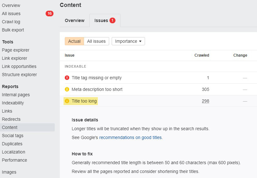 Title tag rewrites highlighted in Ahrefs' Site Audit