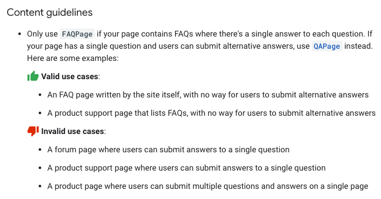 Google's guidelines giving examples of valid and invalid use cases