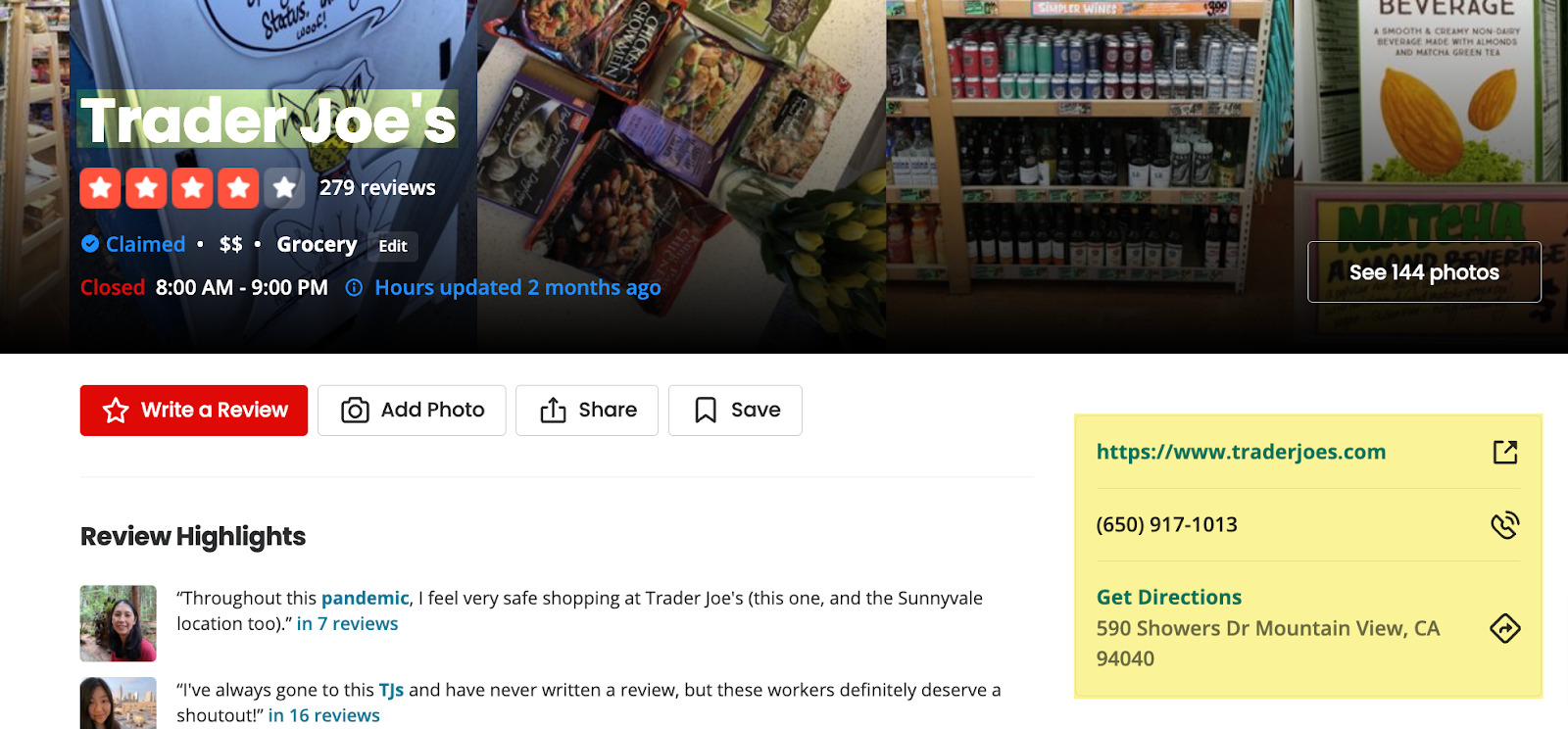 Example of NAP citations for Trader Joe's 