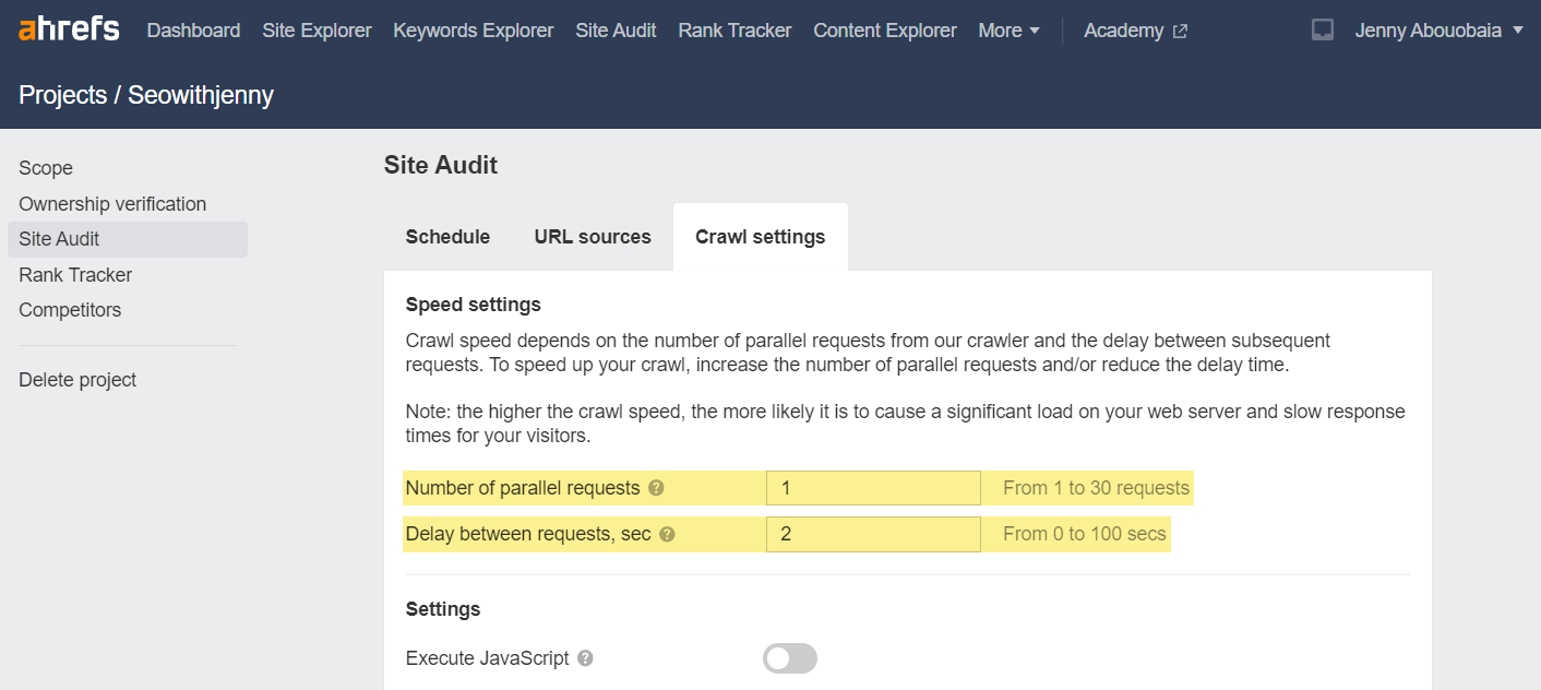 Changing crawl settings in Ahrefs' Site Audit