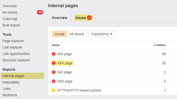 4XX page errors via Ahrefs' Site Audit